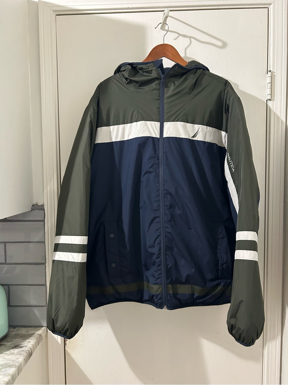Nautica Olive Green & Navy Hooded Windbreaker with White Stripes